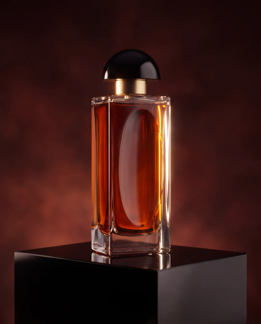 The NOCTAIRE bottle standing on a block of black obsidian, a raking light tracing its bevelled glass edges.