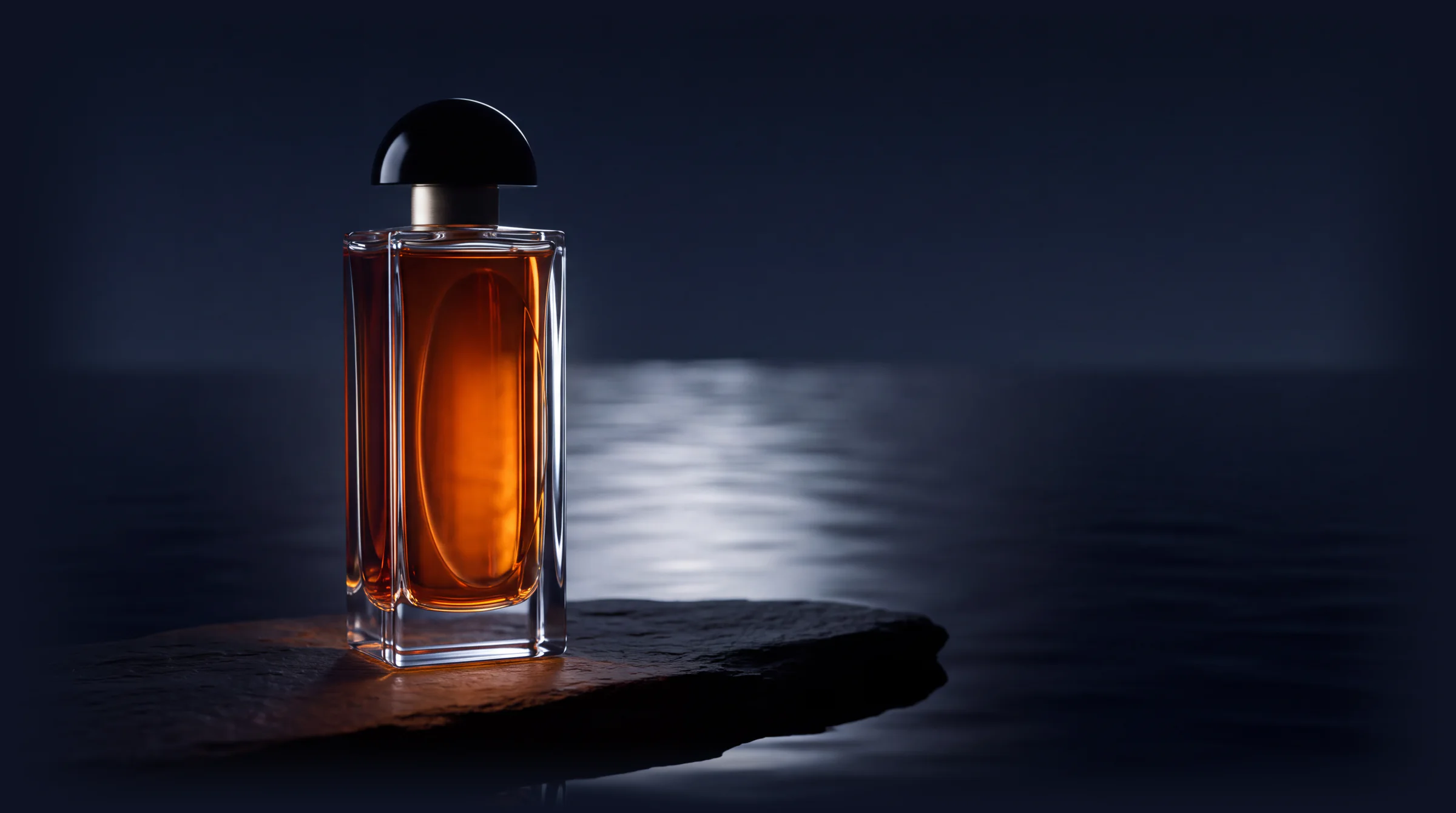 The NOCTAIRE bottle on a dark stone at the water's edge at night, moonlight on the water behind it.
