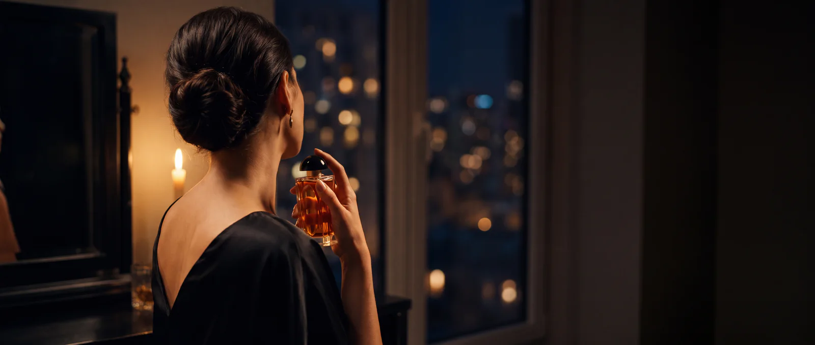 A woman in a black silk dress, seen from behind, raising the NOCTAIRE bottle towards her neck by candlelight, the city's lights beyond the window.